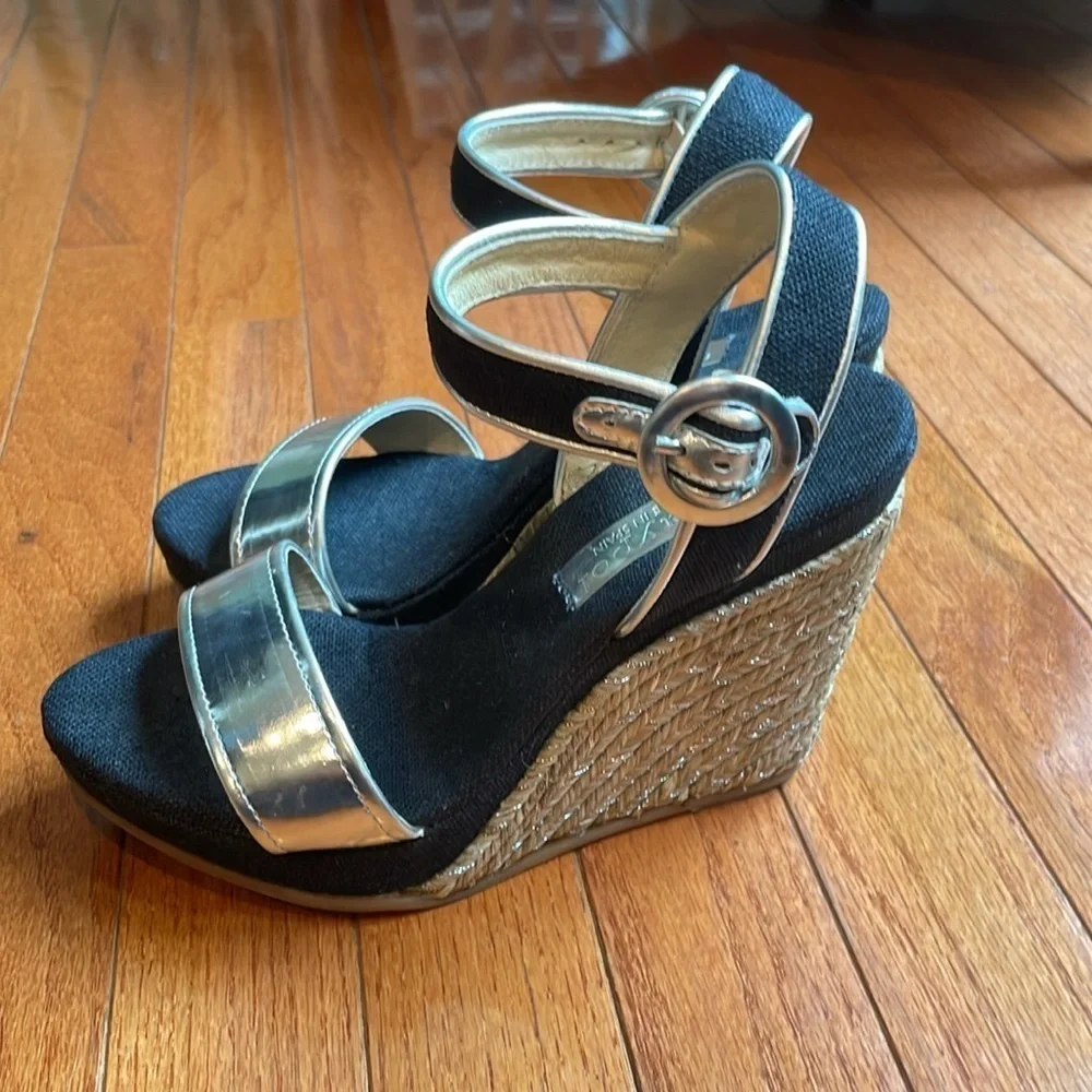 🍰 Maypol black linen and silver detail wedge ankle strap espadrille: